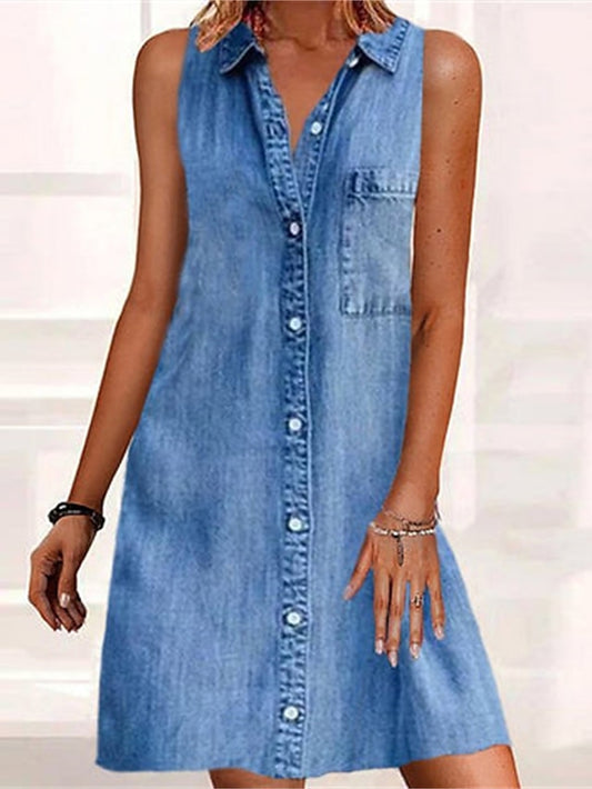 Women's Dress - Casual Dress Denim Shirt Dress Mini Dress Denim Modern Casual Outdoor Daily Shirt Collar Button Pocket Sleeveless Summer Spring 2023 Regular Fit Blue Plain S M L XL 2XL