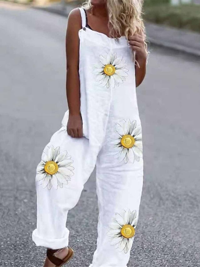 Jumpsuits for Women Summer Overall Pocket Print Floral Square Neck Streetwear Daily Vacation Regular Fit Sleeveless Black White Yellow S M L Summer - LuckyFash™