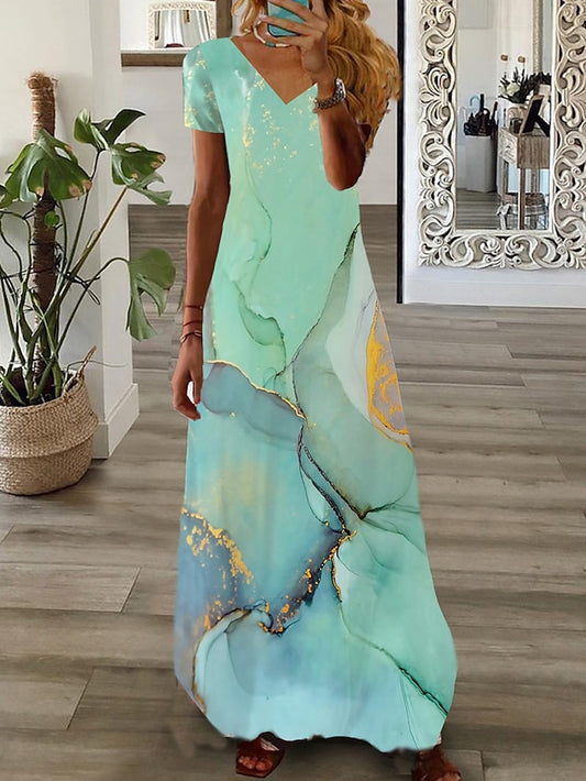 Women's Dress - Long Dress Maxi Dress Casual Dress Print Dress Graphic Marbling Fashion Modern Daily Holiday Vacation Print Short Sleeve V Neck Dress Regular Fit White Yellow Light Green Summer Spring XS S M