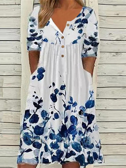 Women's Dress - Plus Size Casual Dress Apple Shape Dress Floral V Neck Print Midi Dress Short Sleeve Spring Summer Dress Casual Elegant