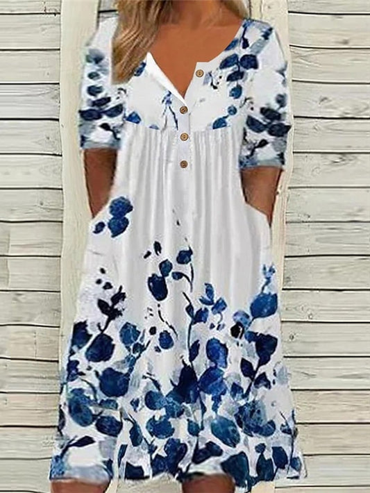Women's Dress - Plus Size Casual Dress Apple Shape Dress Floral V Neck Print Midi Dress Short Sleeve Spring Summer Dress Casual Elegant