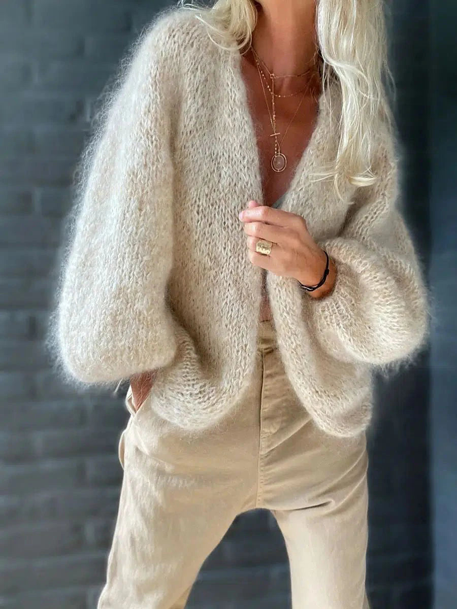 Women's Cardigan Sweater V Neck Ribbed Knit Polyester Braided Lantern Sleeve Fall Winter Regular Party Christmas Going out Stylish Casual Soft Long Sleeve Solid Color Beige S M L