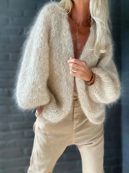 Women's Cardigan Sweater V Neck Ribbed Knit Polyester Braided Lantern Sleeve Fall Winter Regular Party Christmas Going out Stylish Casual Soft Long Sleeve Solid Color Beige S M L