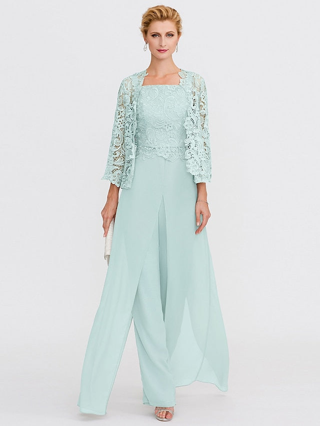 Jumpsuit / Pantsuit Mother of the Bride Dress Formal Plus Size Elegant Square Neck Floor Length Chiffon Corded Lace Sleeveless Wrap Included with Lace Appliques 2023 - LuckyFash™