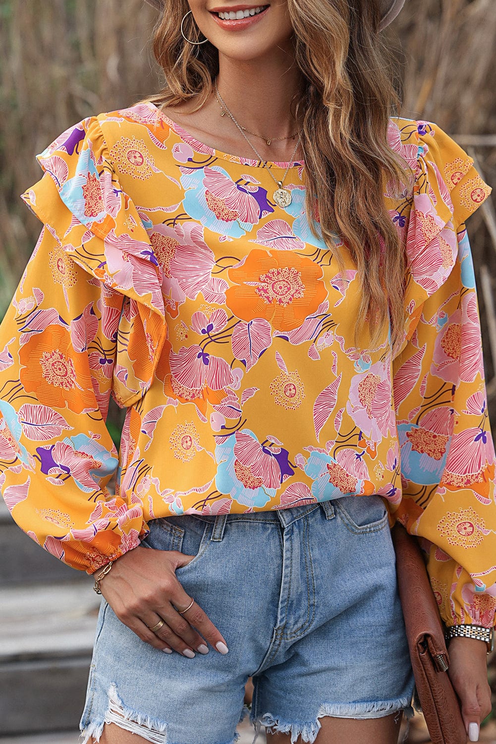 Ginger Blossom Ruffle Puff Sleeve Shift Blouse