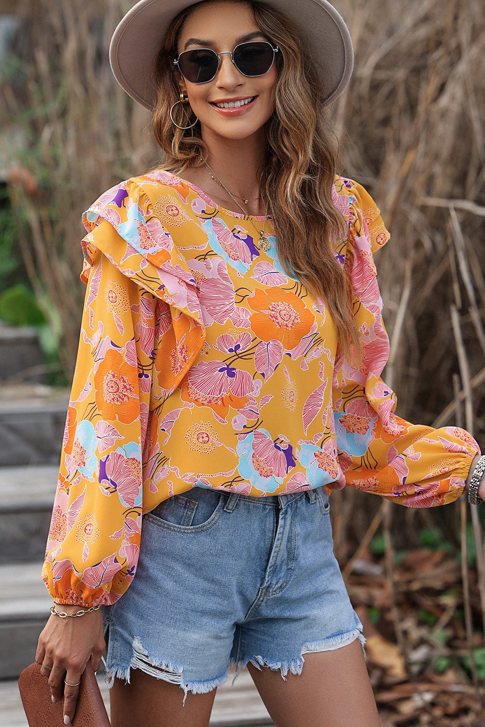 Ginger Blossom Ruffle Puff Sleeve Shift Blouse