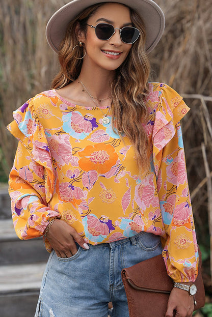 Ginger Blossom Ruffle Puff Sleeve Shift Blouse