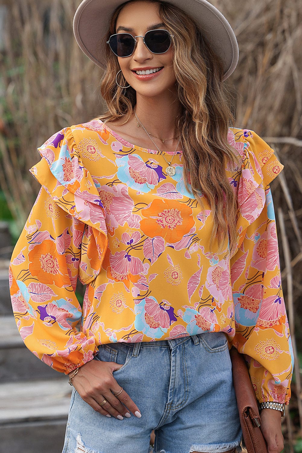 Ginger Blossom Ruffle Puff Sleeve Shift Blouse