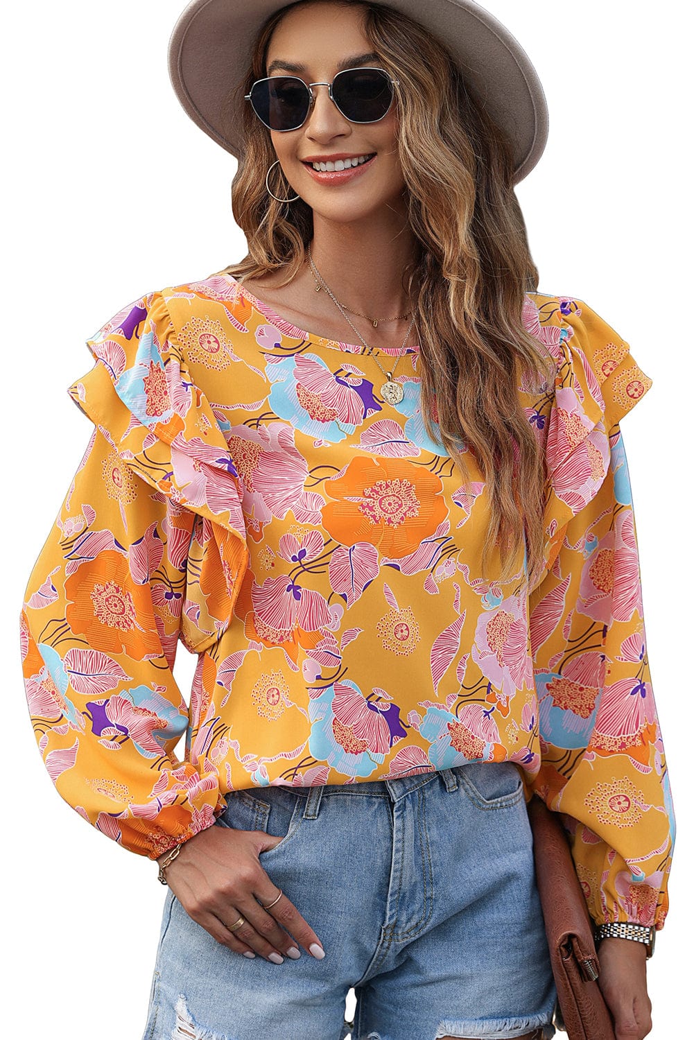Ginger Blossom Ruffle Puff Sleeve Shift Blouse