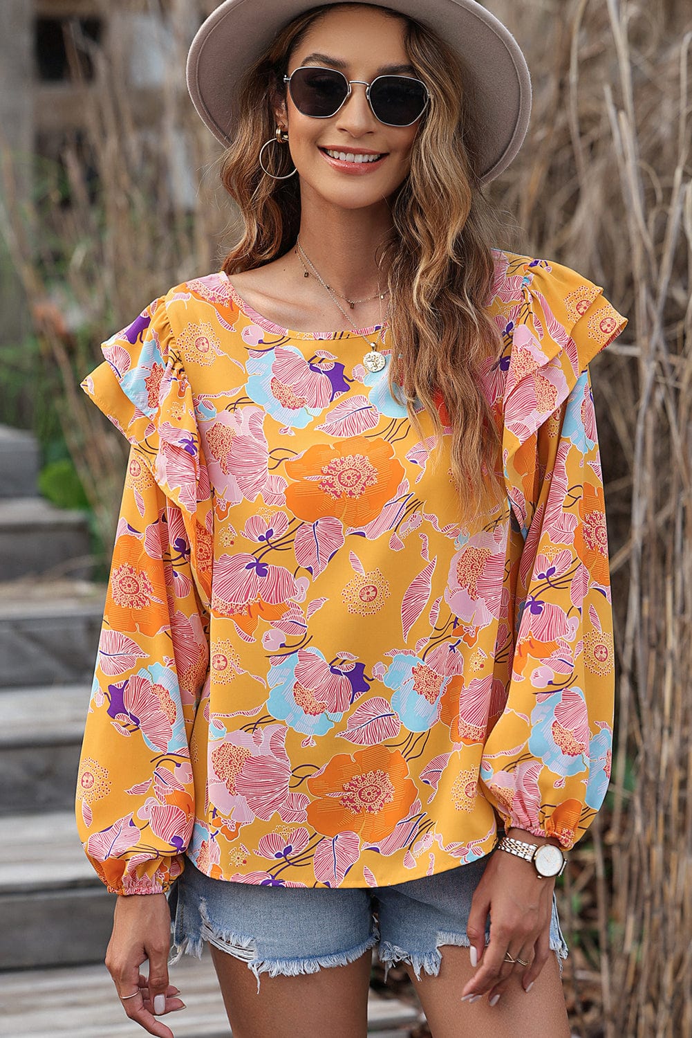 Ginger Blossom Ruffle Puff Sleeve Shift Blouse