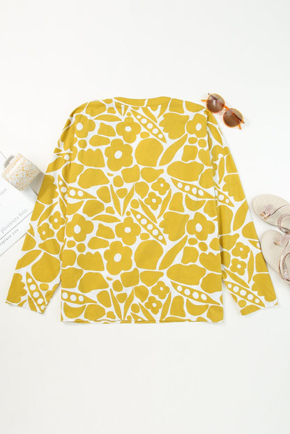 Ginger Floral V-Neck Relaxed Fit Blouse with Long Sleeves