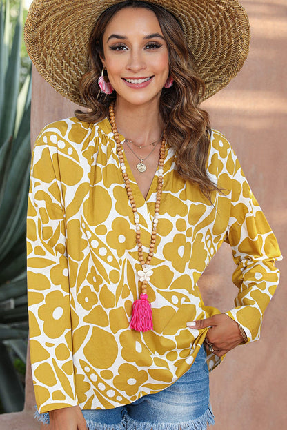 Ginger Floral V-Neck Relaxed Fit Blouse with Long Sleeves