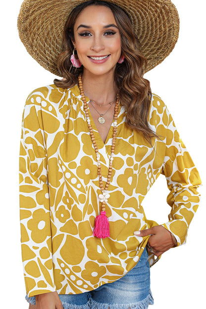 Ginger Floral V-Neck Relaxed Fit Blouse with Long Sleeves