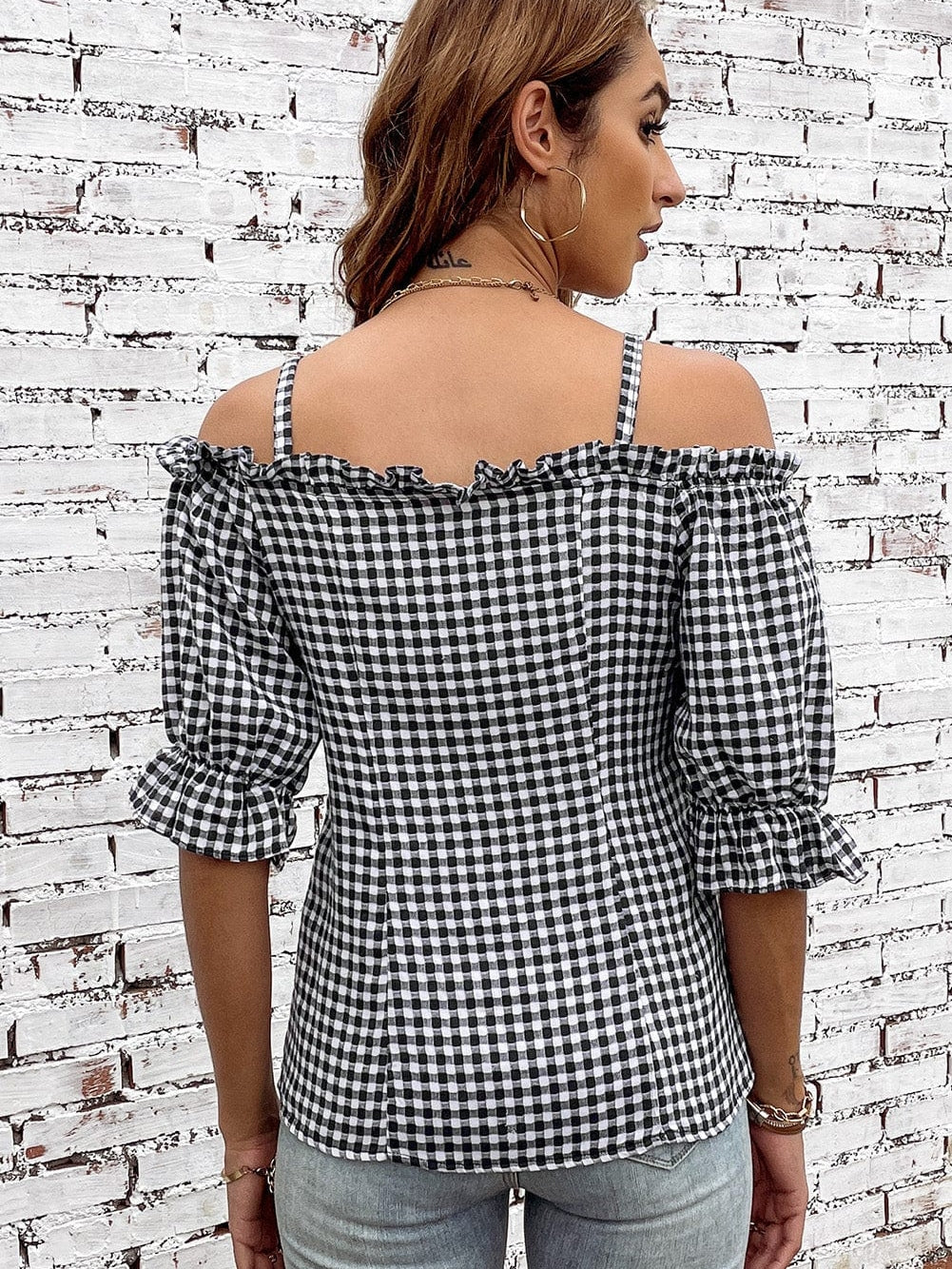 Gingham Charm Cold Shoulder Blouse in Midnight Black