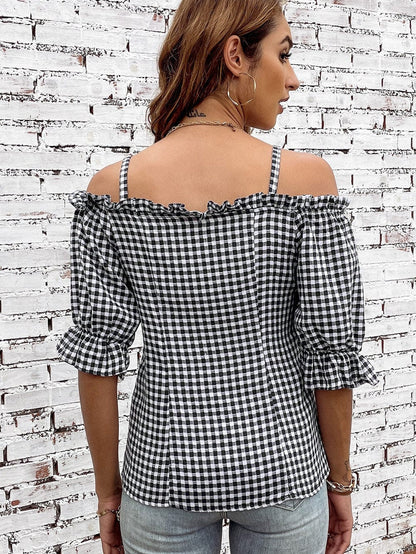 Gingham Charm Cold Shoulder Blouse in Midnight Black