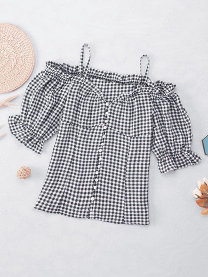 Gingham Charm Cold Shoulder Blouse in Midnight Black
