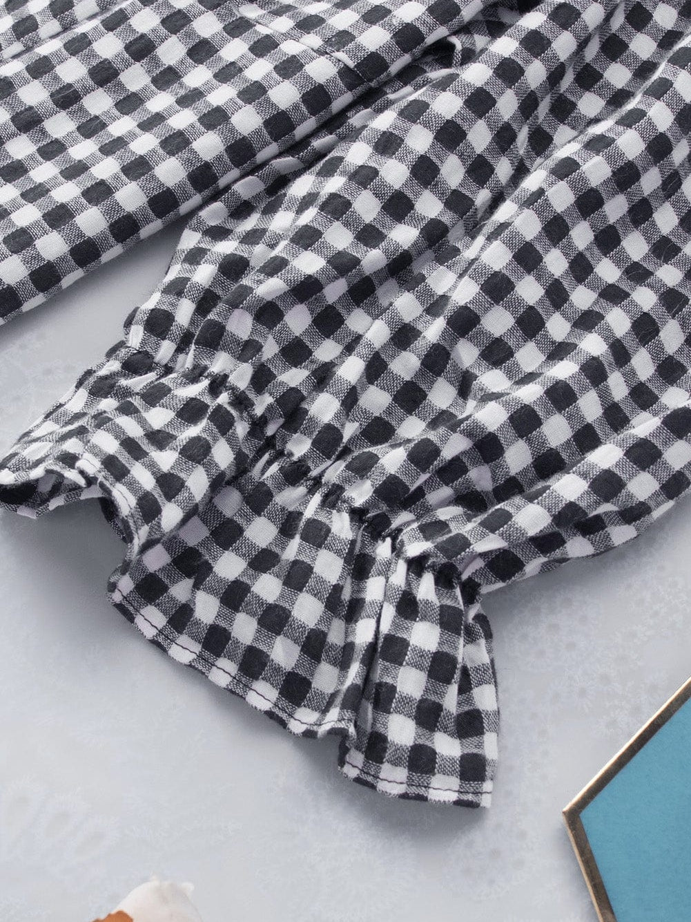 Gingham Charm Cold Shoulder Blouse in Midnight Black