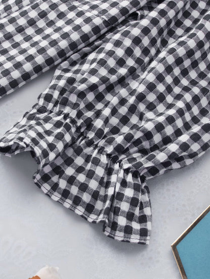 Gingham Charm Cold Shoulder Blouse in Midnight Black