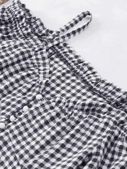 Gingham Charm Cold Shoulder Blouse in Midnight Black