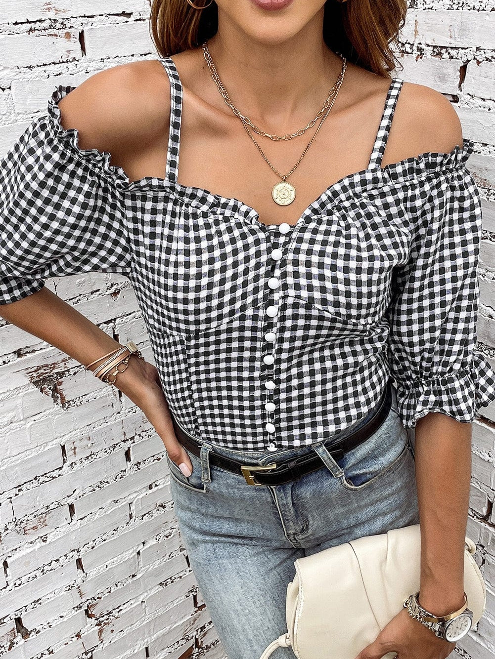 Gingham Charm Cold Shoulder Blouse in Midnight Black