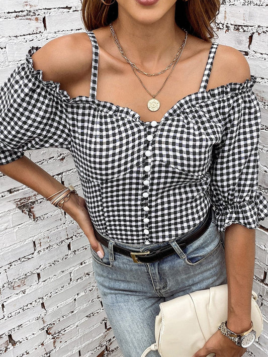 Gingham Charm Cold Shoulder Blouse in Midnight Black