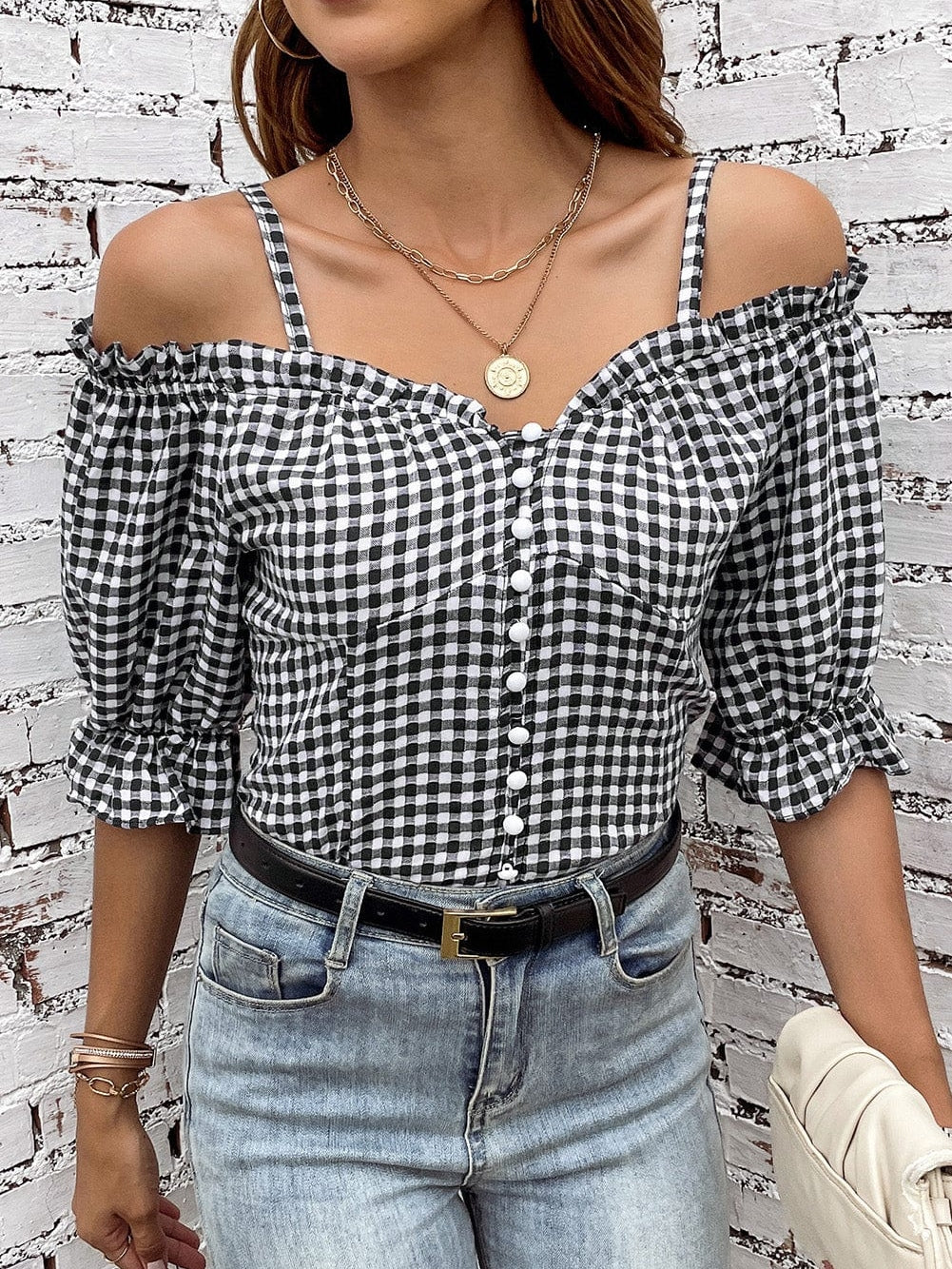Gingham Charm Cold Shoulder Blouse in Midnight Black