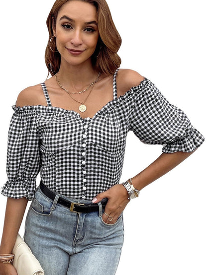 Gingham Charm Cold Shoulder Blouse in Midnight Black