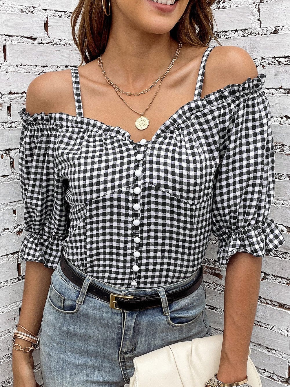 Gingham Charm Cold Shoulder Blouse in Midnight Black