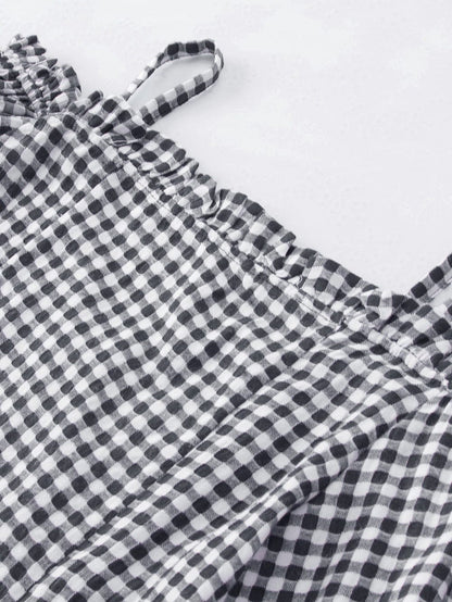 Gingham Charm Cold Shoulder Blouse in Midnight Black