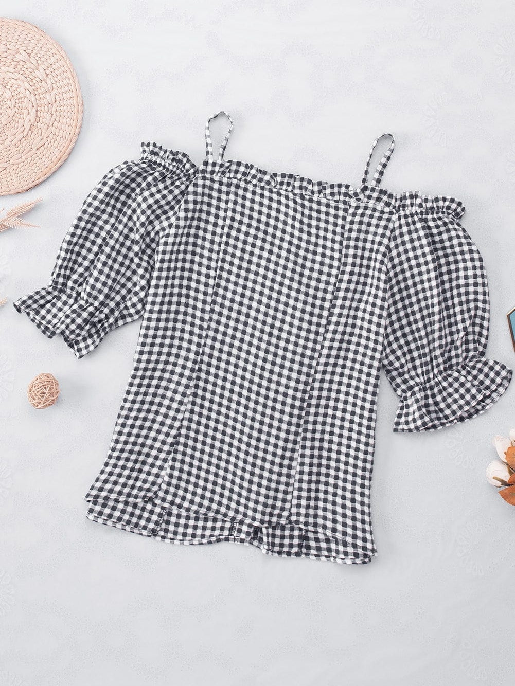 Gingham Charm Cold Shoulder Blouse in Midnight Black