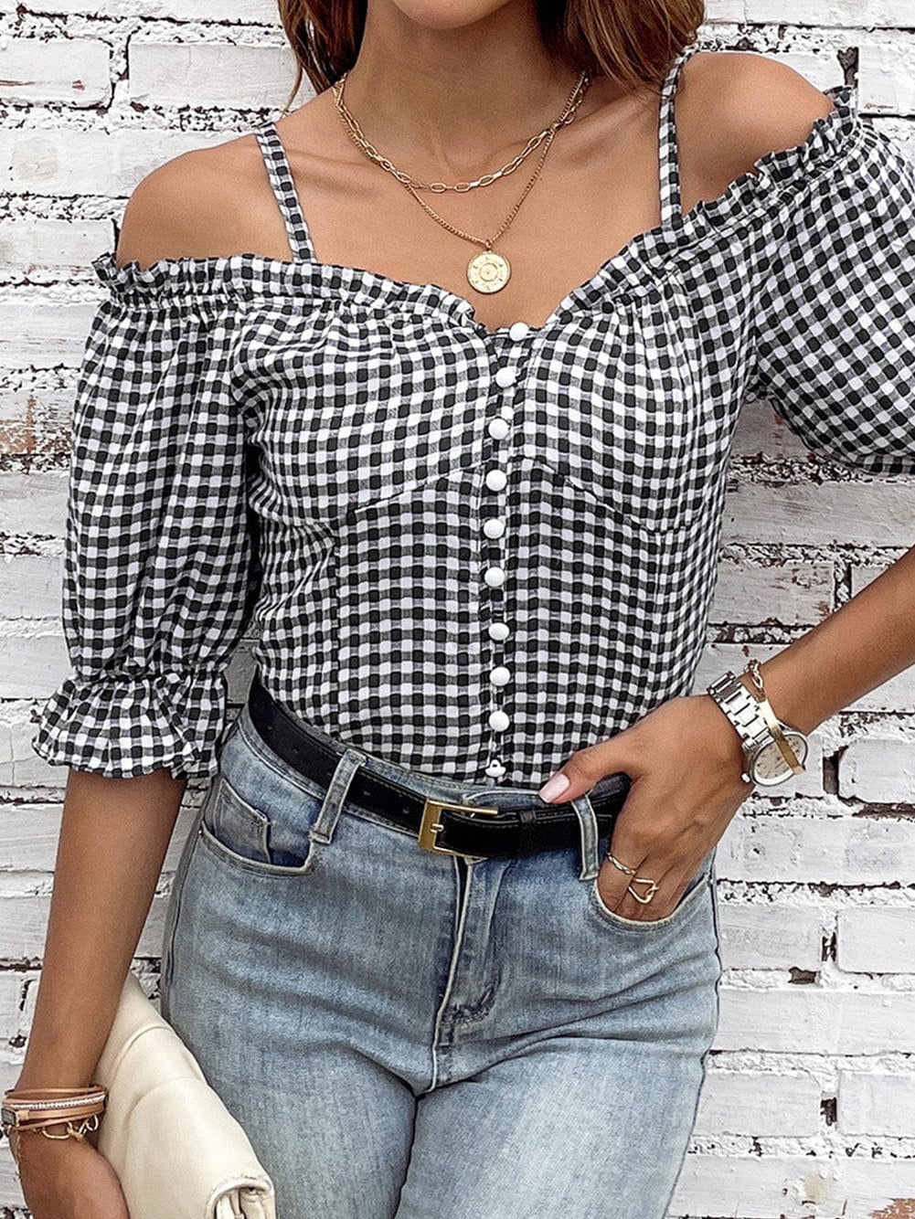 Gingham Charm Cold Shoulder Blouse in Midnight Black