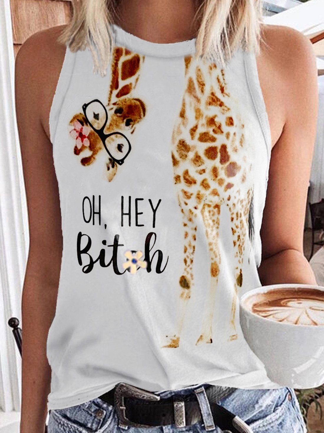 Tank Tops - Giraffe Glasses English Printing Round Neck Sleeveless Tank Tops - MsDressly