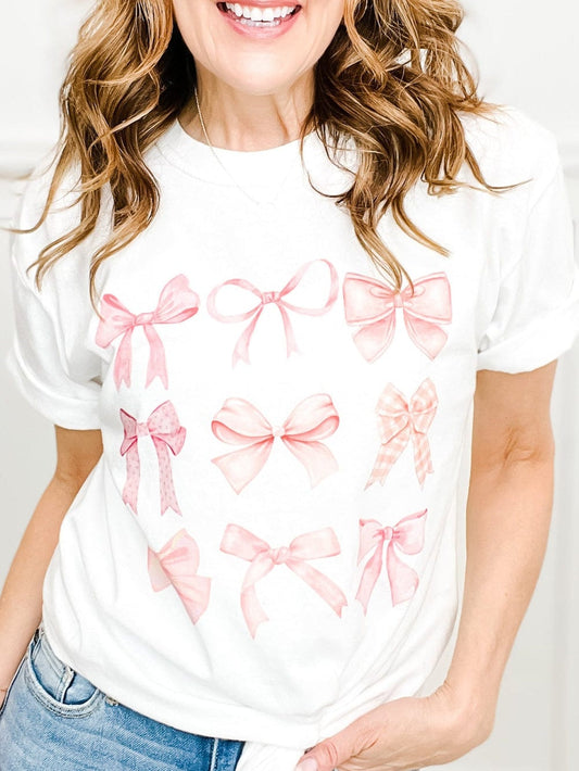 Girlish White Bow Graphic Tee with Bowknot Patterns