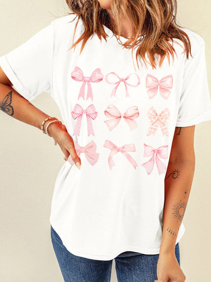 Girlish White Bow Graphic Tee with Bowknot Patterns