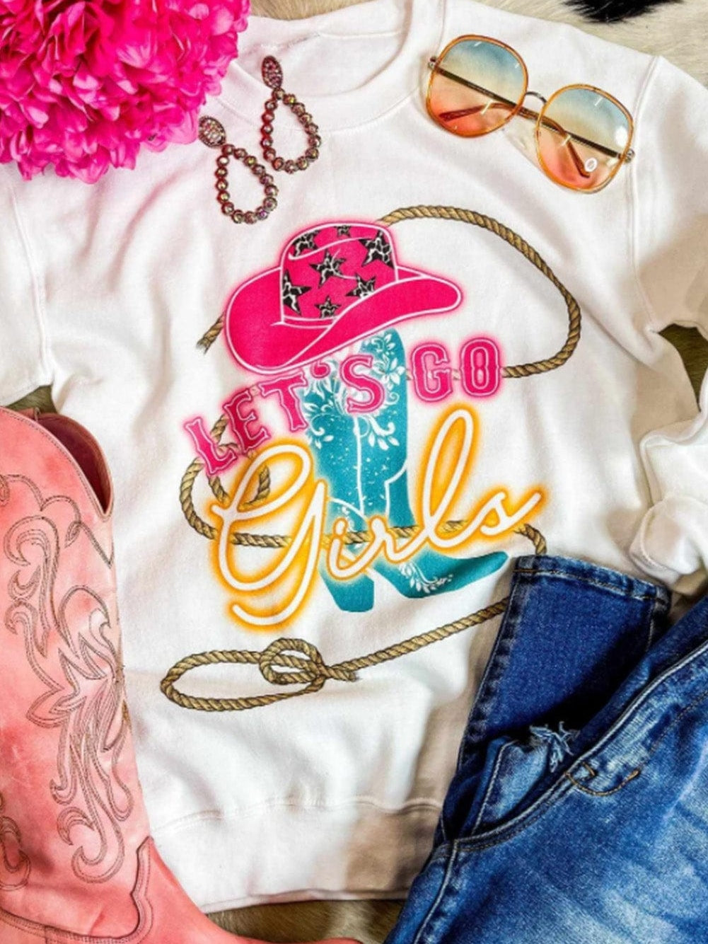 Girls Western Style Beige Hat & Boots Graphic Print Sweatshirt