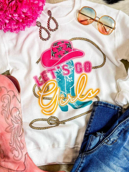 Girls Western Style Beige Hat & Boots Graphic Print Sweatshirt