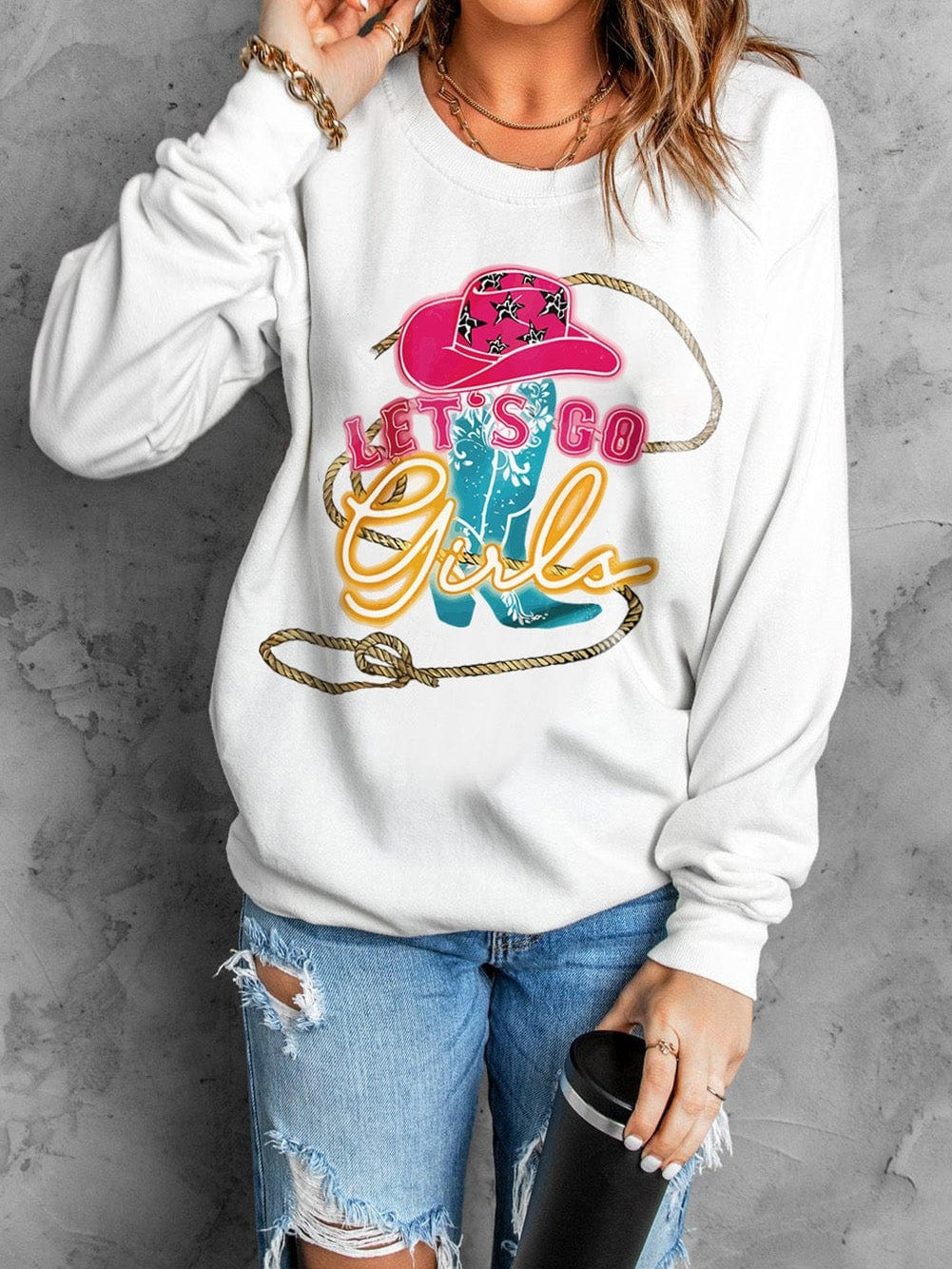 Girls Western Style Beige Hat & Boots Graphic Print Sweatshirt