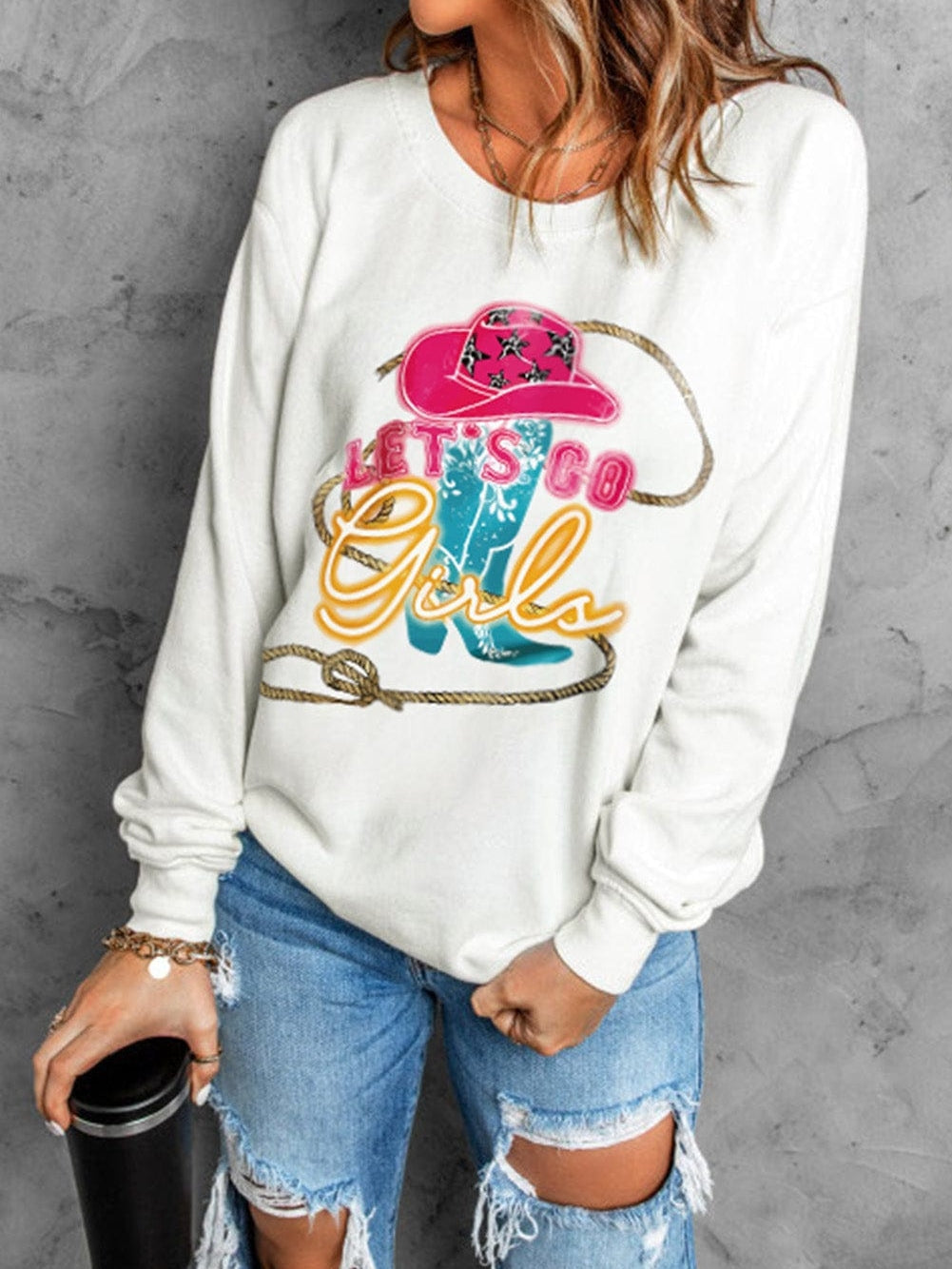 Girls Western Style Beige Hat & Boots Graphic Print Sweatshirt
