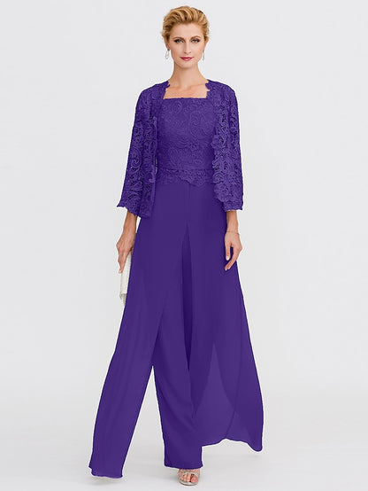 Jumpsuit / Pantsuit Mother of the Bride Dress Formal Plus Size Elegant Square Neck Floor Length Chiffon Corded Lace Sleeveless Wrap Included with Lace Appliques 2023 - LuckyFash™