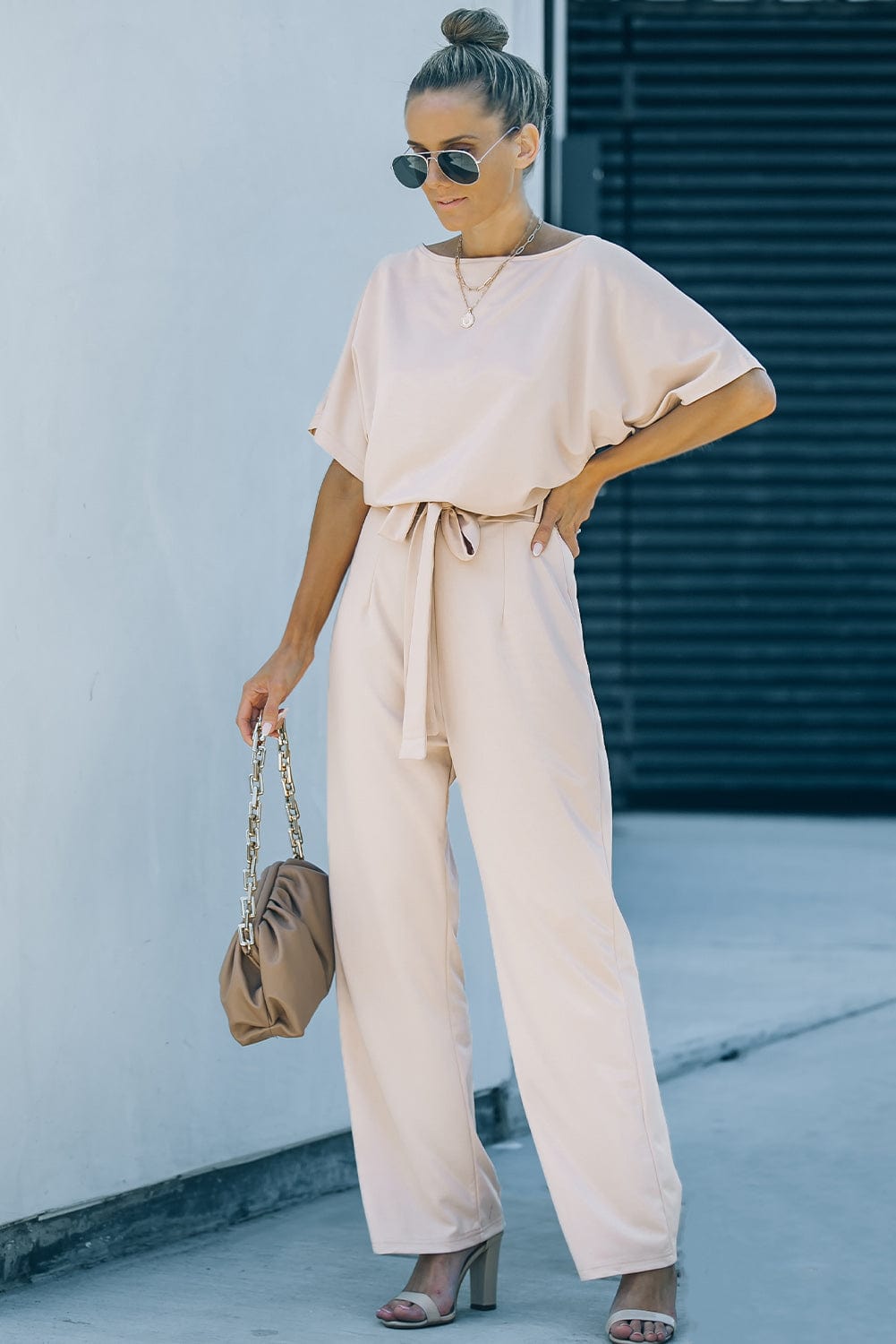 Glamorous Apricot Wide Leg Jumpsuit with Belt