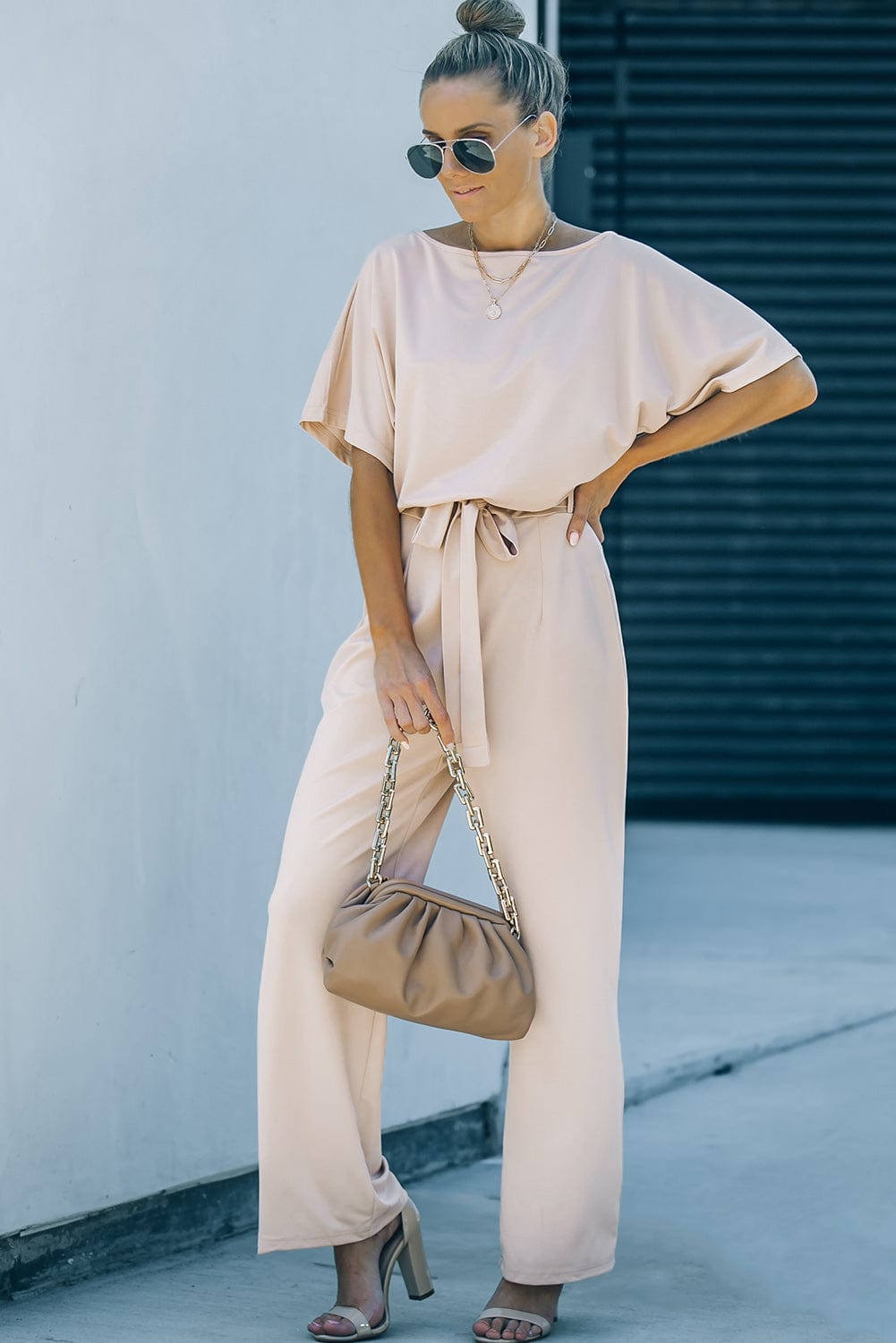 Glamorous Apricot Wide Leg Jumpsuit with Belt