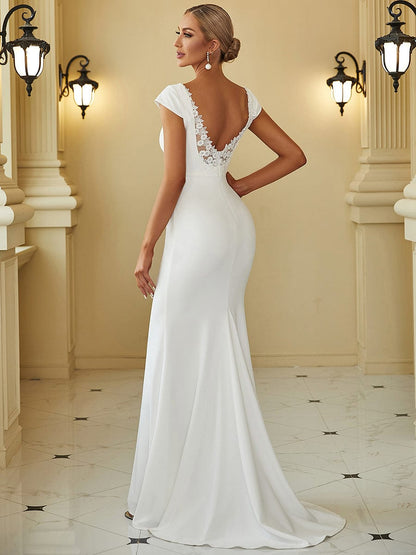 Glamorous Deep V-Neck Fishtail Wedding Gown with Sleeves