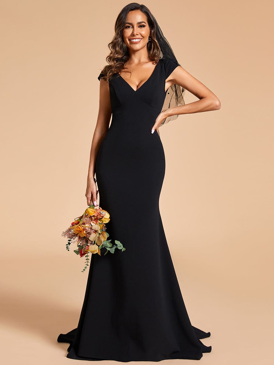 Glamorous Deep V-Neck Fishtail Wedding Gown with Sleeves