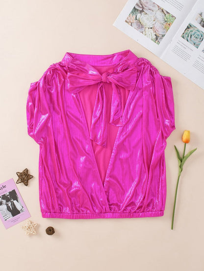 Glamorous Pink Satin Open Back Blouse with Ruched Sleeves