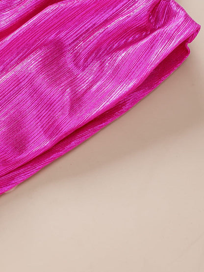 Glamorous Pink Satin Open Back Blouse with Ruched Sleeves