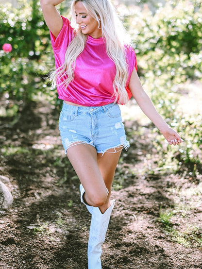 Glamorous Pink Satin Open Back Blouse with Ruched Sleeves