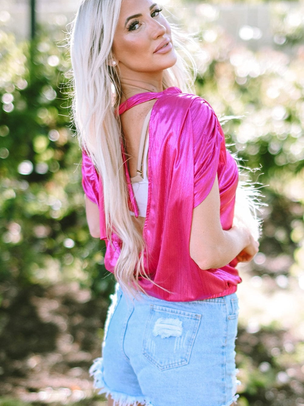 Glamorous Pink Satin Open Back Blouse with Ruched Sleeves