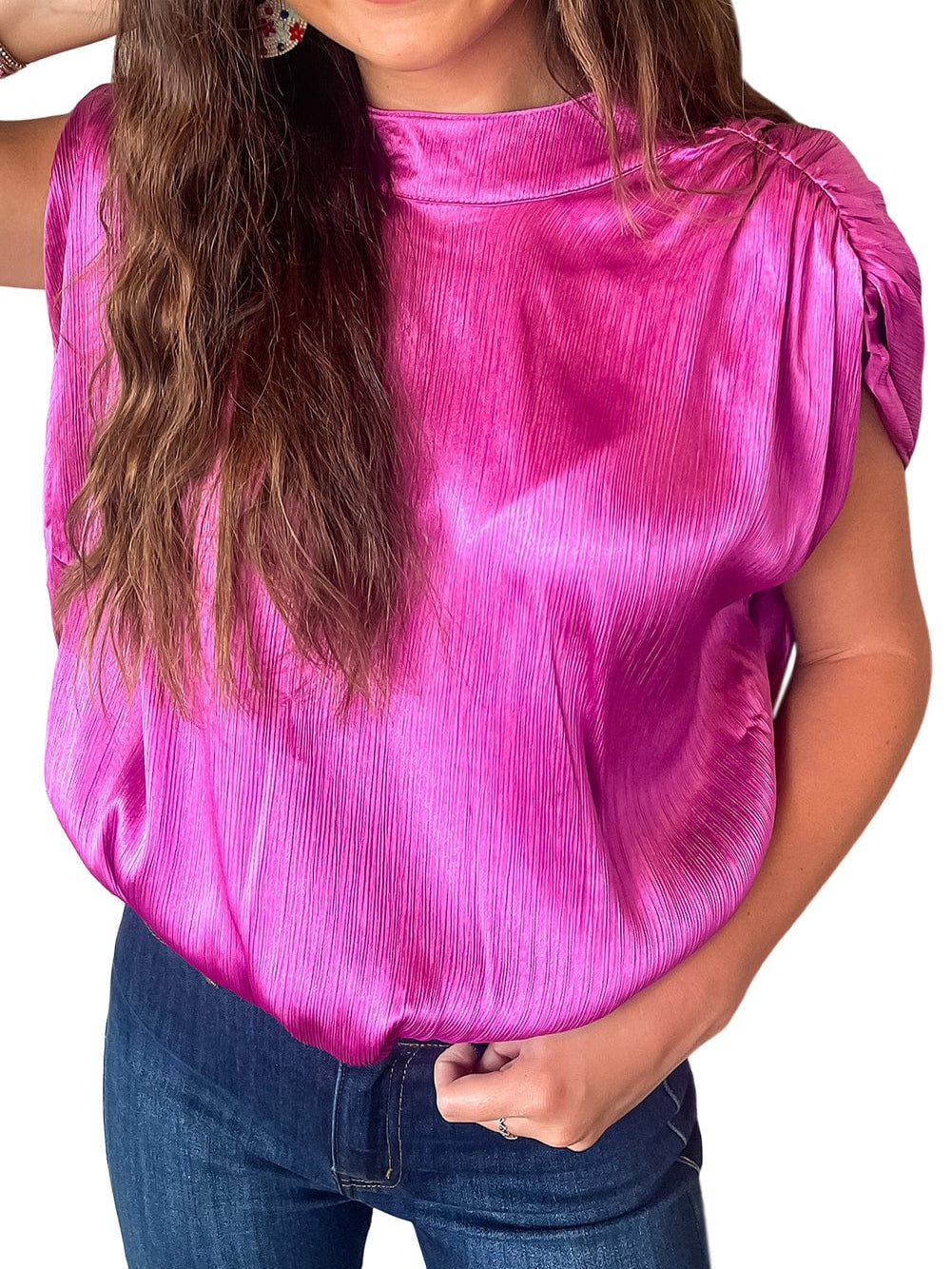 Glamorous Pink Satin Open Back Blouse with Ruched Sleeves