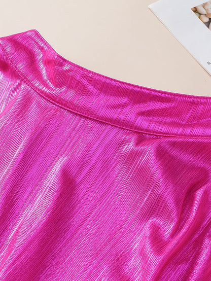 Glamorous Pink Satin Open Back Blouse with Ruched Sleeves