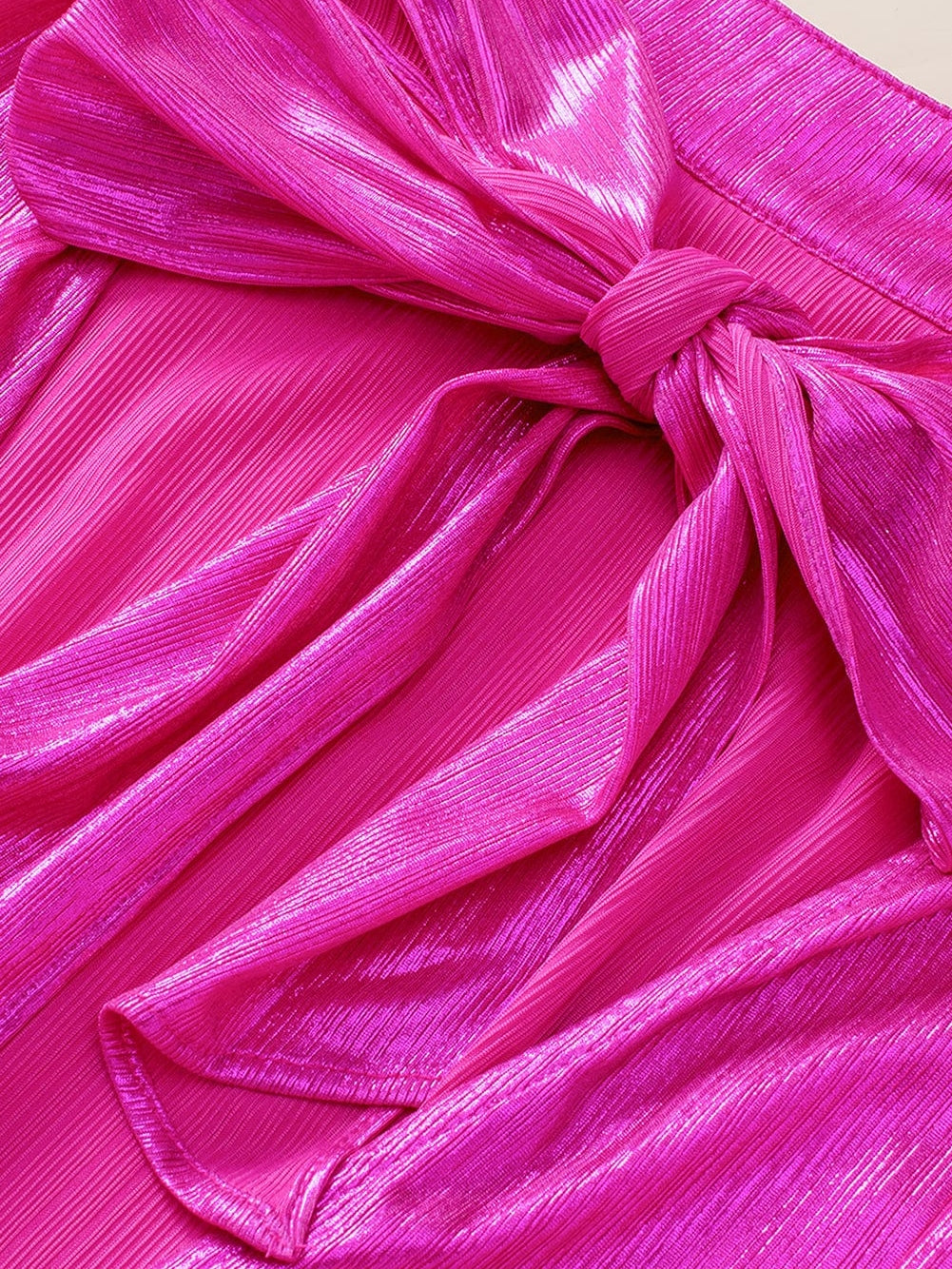 Glamorous Pink Satin Open Back Blouse with Ruched Sleeves